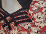 German Red White Black Flower Print Rayon Dress <br> (B-38" W-28" H-35")