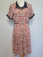German Red White Black Flower Print Rayon Dress <br> (B-38" W-28" H-35")