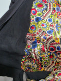 Black Rayon Dress with Colorful Print Wrap Around Top <br> (B-42" W-35" H-41")