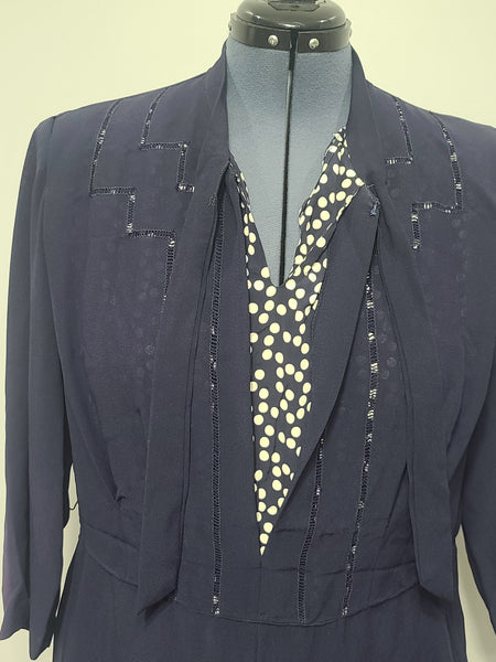 Dark Blue Rayon Dress with Polka Dots <br> (B-46" W-37" H-43")