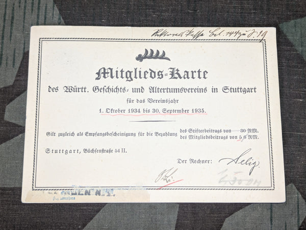 1934-35 Mitglieds-Karte Membership Card History and Antiquities Association