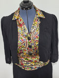 Black Rayon Dress with Colorful Print Wrap Around Top <br> (B-42" W-35" H-41")