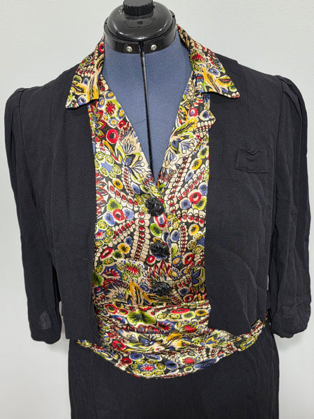 Black Rayon Dress with Colorful Print Wrap Around Top <br> (B-42" W-35" H-41")