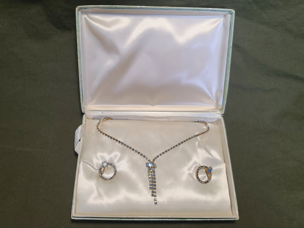 Blue Rhinestone Necklace and Screwback Earrings Set