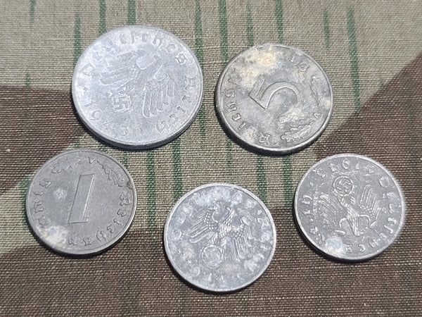 Lot of Five Wartime Reichspfennig Coins (1, 5, and 10 Rpf)