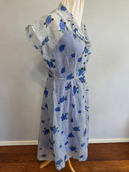 Blue Flower Print Dress and Slip <br> (B-37" W-33" H-37")