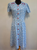 Blue White Print Dress with Red Accents <br> (B-38" W-32" H-41")