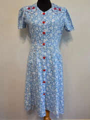 Blue White Print Dress with Red Accents <br> (B-38" W-32" H-41")