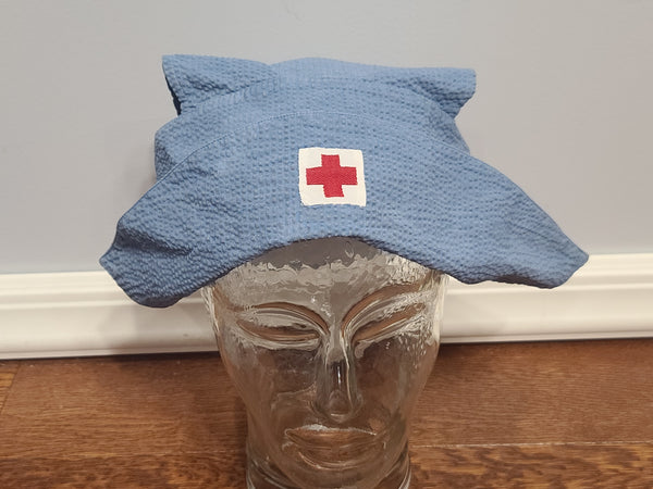 American Red Cross Blue Seersucker Dress and Hat <br> (B-42" W-36" H-41")