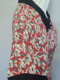 German Red White Black Flower Print Rayon Dress <br> (B-38" W-28" H-35")