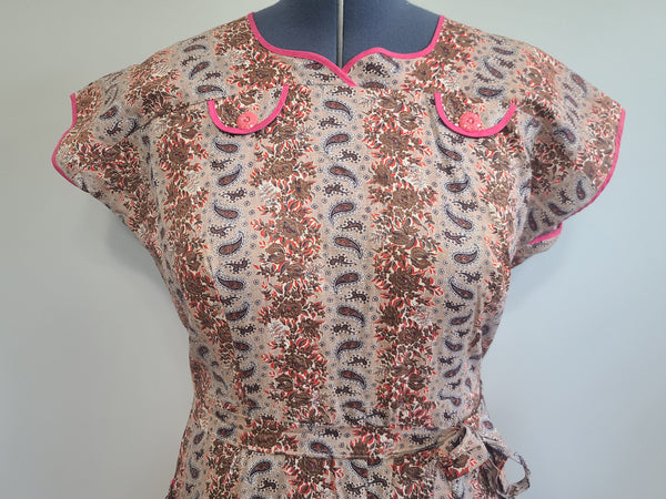 Pink and Brown Paisley Flower Print Wrap Dress <br> (B-44" W-35" H-46")