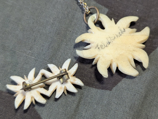 Edelweiss Flower Carved Bone Necklace & Pin