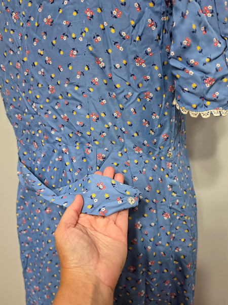 Blue Cold Rayon Flower Print Dress <br> (B-42" W-40" H-45")