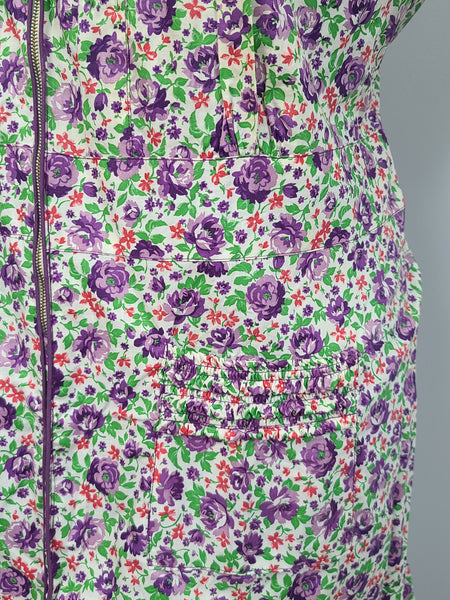 Purple Flower Print Zipper Front House Dress <br> (B-50" W-44" H-52")
