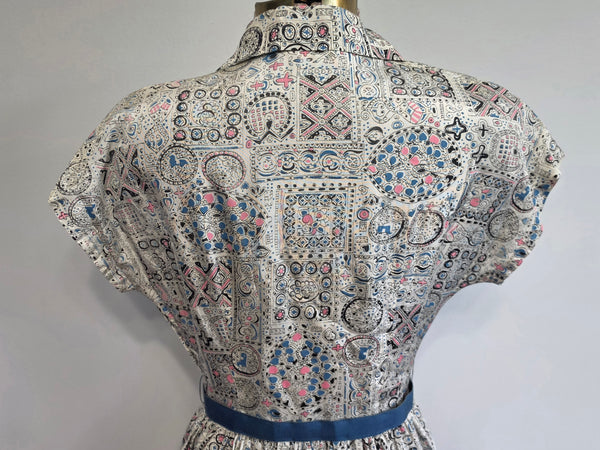 White Blue Pink Abstract Print Dress <br> (B-34" W-25.5" H-42")