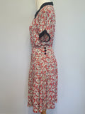 German Red White Black Flower Print Rayon Dress <br> (B-38" W-28" H-35")