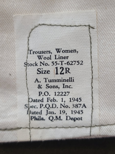 Women's Wool Trouser Liner Size 12R 1945 (26" Waist)