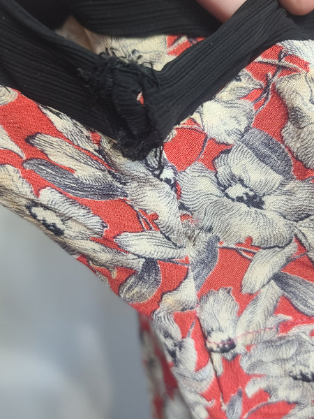 German Red White Black Flower Print Rayon Dress <br> (B-38" W-28" H-35")
