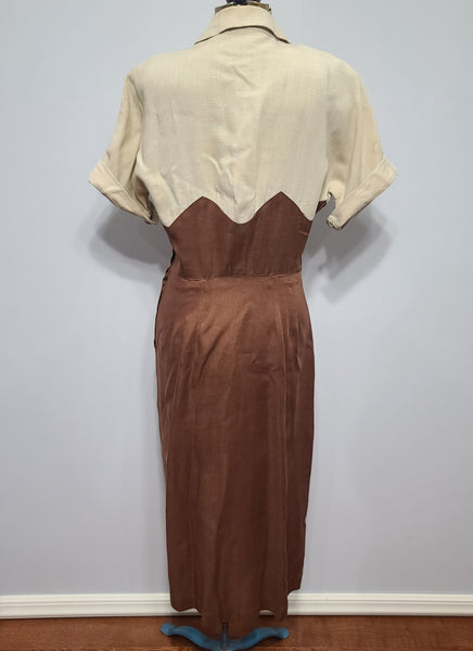 Brown and Tan Colorblock Linen Dress <br> (B-36" W-26.5" H-37")