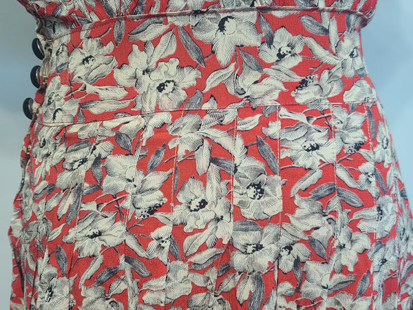 German Red White Black Flower Print Rayon Dress <br> (B-38" W-28" H-35")