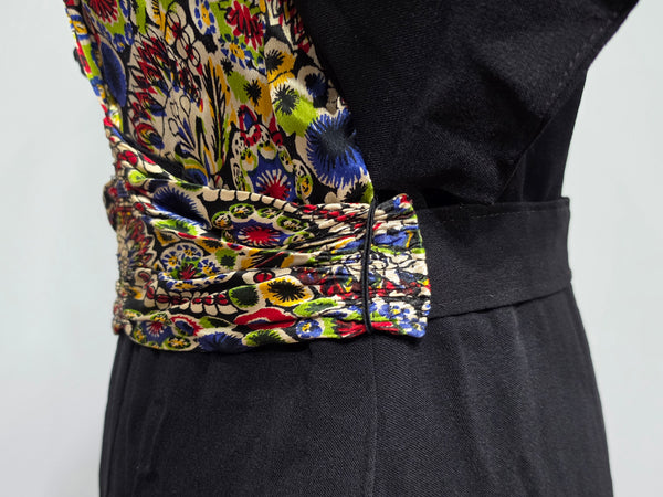 Black Rayon Dress with Colorful Print Wrap Around Top <br> (B-42" W-35" H-41")