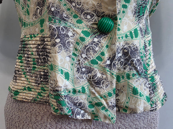Green Print Peplum Blouse <br> (B-36" W-26")