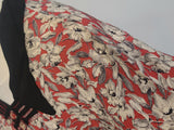German Red White Black Flower Print Rayon Dress <br> (B-38" W-28" H-35")