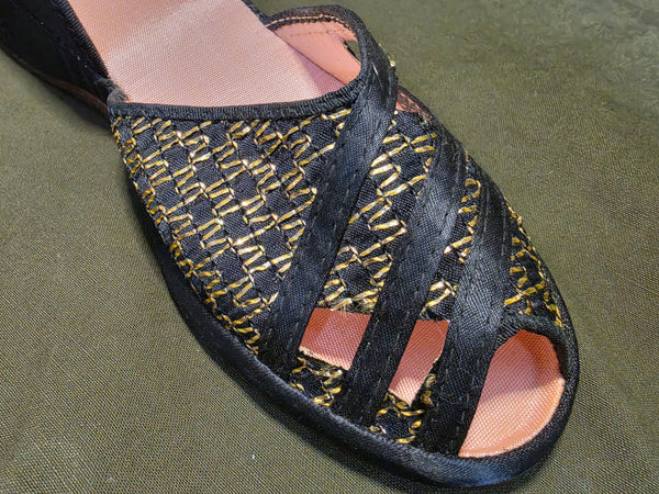 Gold & Black Peep Toe Shoes Wedge Sandals NOS in Box (~Size 6)