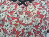 German Red White Black Flower Print Rayon Dress <br> (B-38" W-28" H-35")