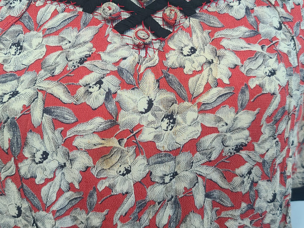 German Red White Black Flower Print Rayon Dress <br> (B-38" W-28" H-35")