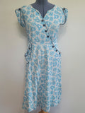 Blue Flower Print Dress Asymmetrical Button Design <br> (B-41" W-36" H-43")