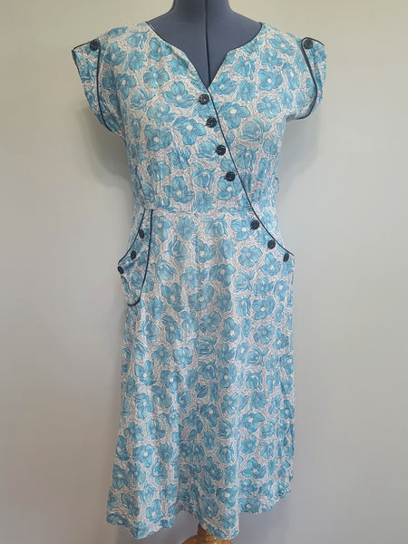 Blue Flower Print Dress Asymmetrical Button Design <br> (B-41" W-36" H-43")