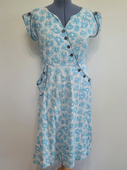 Blue Flower Print Dress Asymmetrical Button Design <br> (B-41" W-36" H-43")