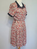 German Red White Black Flower Print Rayon Dress <br> (B-38" W-28" H-35")