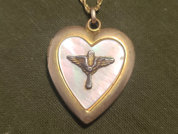 Army Air Corps Heart Locket Necklace Mother-of-Pearl