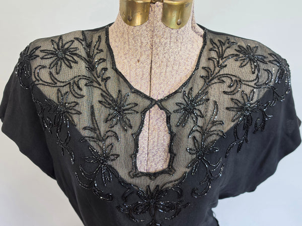 Black Rayon Gown Beading and Peplum <br> (B-36" W-28" H-34")