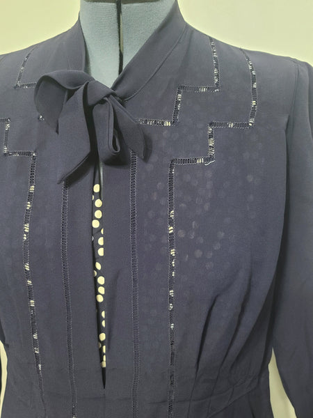 Dark Blue Rayon Dress with Polka Dots <br> (B-46" W-37" H-43")