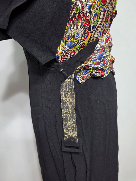 Black Rayon Dress with Colorful Print Wrap Around Top <br> (B-42" W-35" H-41")