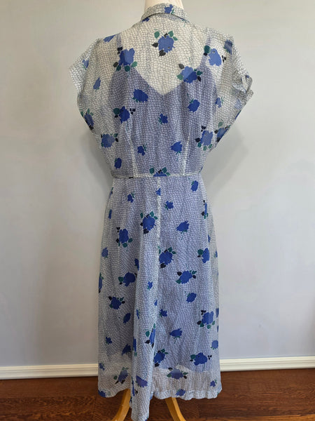 Blue Flower Print Dress and Slip <br> (B-37" W-33" H-37")