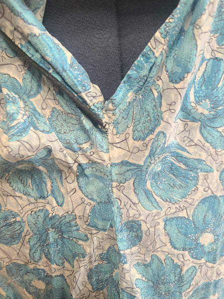 Blue Flower Print Dress Asymmetrical Button Design <br> (B-41" W-36" H-43")