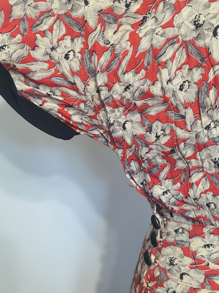 German Red White Black Flower Print Rayon Dress <br> (B-38" W-28" H-35")