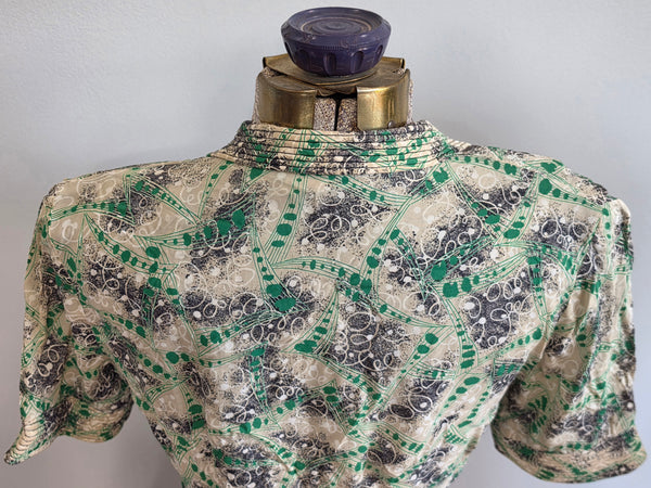 Green Print Peplum Blouse <br> (B-36" W-26")