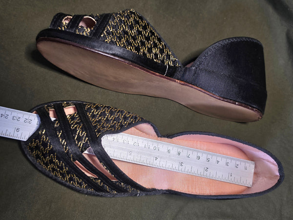 Gold & Black Peep Toe Shoes Wedge Sandals NOS in Box (~Size 6)