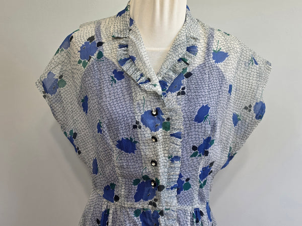 Blue Flower Print Dress and Slip <br> (B-37" W-33" H-37")