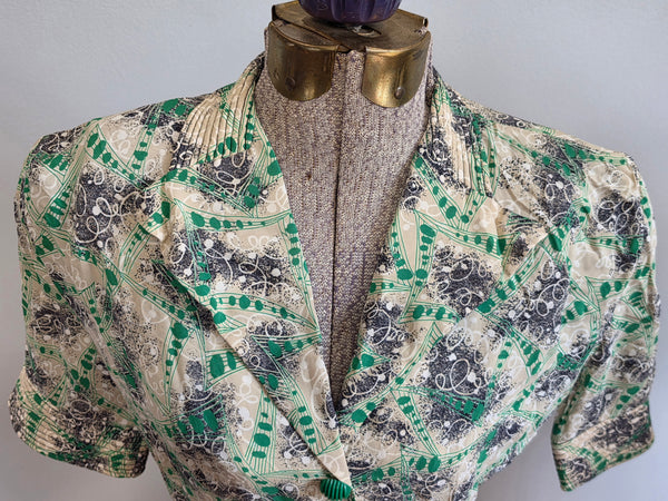 Green Print Peplum Blouse <br> (B-36" W-26")
