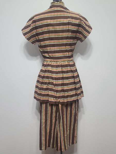 Brown Plaid Stripe Peplum Dress <br> (B-34" W-24" H-34")