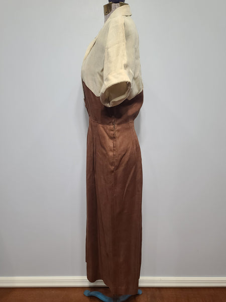 Brown and Tan Colorblock Linen Dress <br> (B-36" W-26.5" H-37")