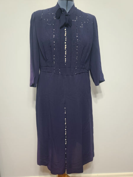 Dark Blue Rayon Dress with Polka Dots <br> (B-46" W-37" H-43")