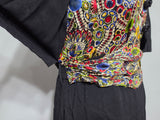Black Rayon Dress with Colorful Print Wrap Around Top <br> (B-42" W-35" H-41")