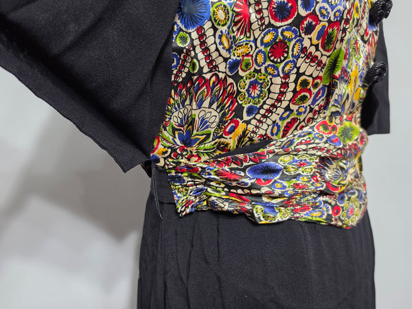Black Rayon Dress with Colorful Print Wrap Around Top <br> (B-42" W-35" H-41")